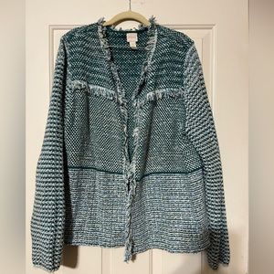 Green size 3 Chicos tweed knit fringed sweater
